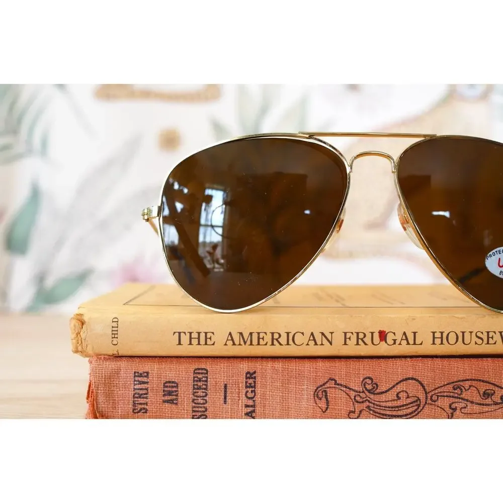 Vintage 1990s Aviator Sunglasses NOS Gold Tone Grandpa Pilot Outdoor Retro
